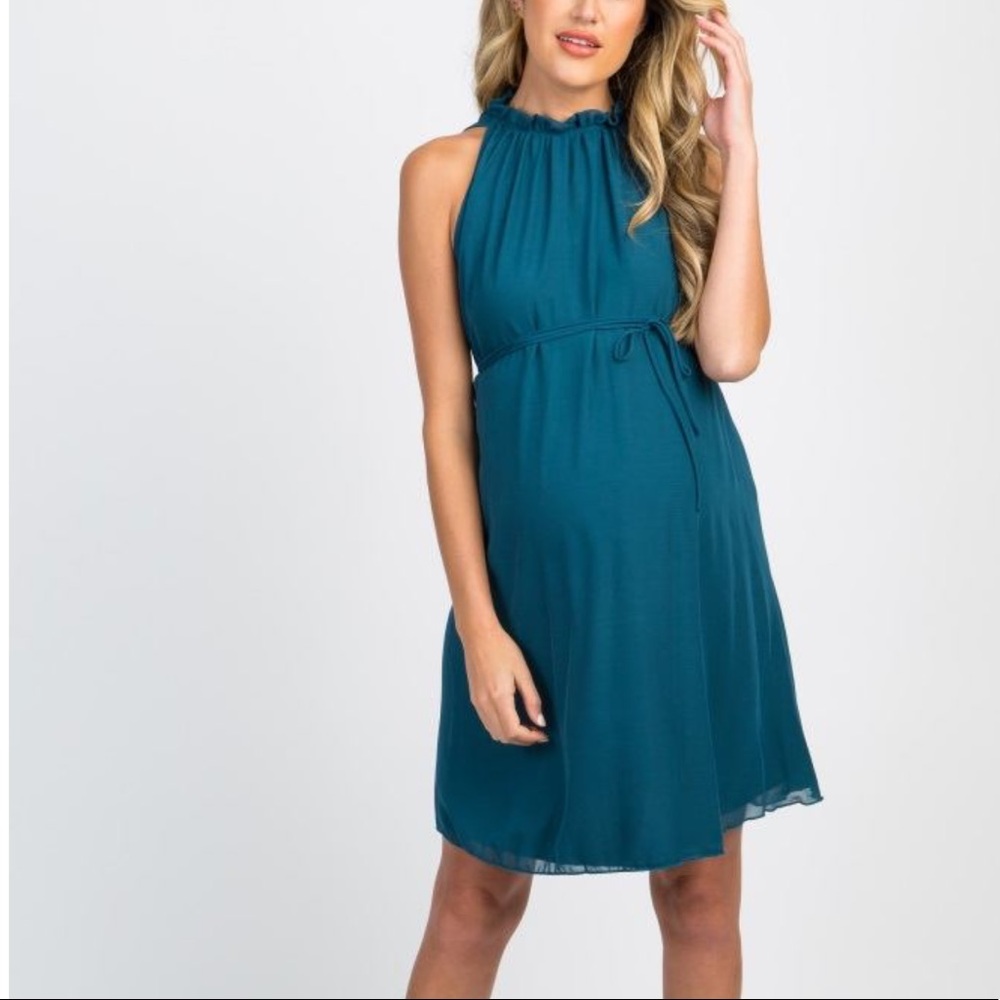 Teal Chiffon High Neck Dress
